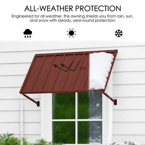 Kozyard all-weather metal awning provides year-round outdoor protection from rain, direct sunlight and snow above windows, doors and exterior wall areas. The sloped metal roof helps shed precipitation while providing shade from the sun, creating dependable coverage through changing seasons. Designed for residential exterior use, this fixed wall-mounted canopy works as a window awning, door awning