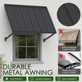 Kozyard durable metal awning vs fabric and plastic awnings comparison infographic. Highlights include a blue powder-coated iron canopy that is fade-resistant, weather-resistant, and impact-resistant. This exterior door shield chart demonstrates superiority over easily faded canvas fabric sunshades and fragile cracked plastic door canopies, proving it is the best heavy-duty rain shelter for outdoor windows and doors.