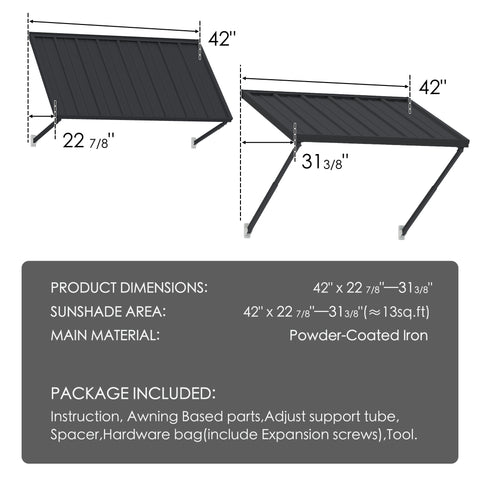 Kozyard Window Awning (42”x22 7/8”-31 3/8”) - Powder-Coated Iron Exterior Canopy (13 Sq Ft Sunshade), Includes Hardware/Tools for Outdoor Patio/Window Shelter
