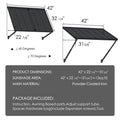 Kozyard blue metal awning product dimensions blueprint and packaging list infographic. Displays measurements including 42-inch width, 32 1/4-inch length, and adjustable 40 to 70-degree support tube angles for 13 sq.ft sunshade area. The package breakdown specifies powder-coated iron awning panels, adjustable support arms, spacer, hardware bag with expansion screws, Allen wrench, and tool instruction manual.