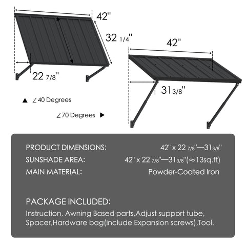 Kozyard blue metal awning product dimensions blueprint and packaging list infographic. Displays measurements including 42-inch width, 32 1/4-inch length, and adjustable 40 to 70-degree support tube angles for 13 sq.ft sunshade area. The package breakdown specifies powder-coated iron awning panels, adjustable support arms, spacer, hardware bag with expansion screws, Allen wrench, and tool instruction manual.