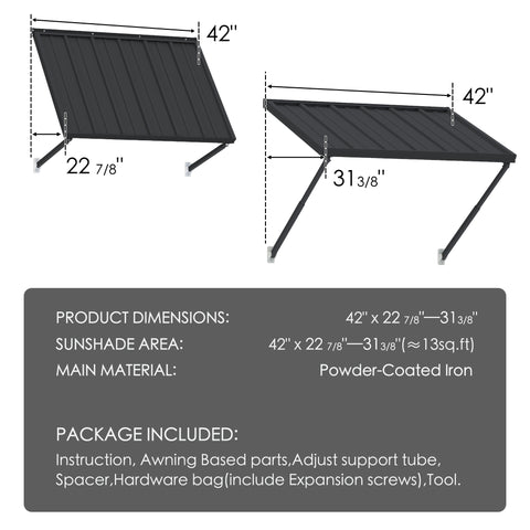 Kozyard Window Awning (42”x22 7/8”-31 3/8”) - Powder-Coated Iron Exterior Canopy (13 Sq Ft Sunshade), Includes Hardware/Tools for Outdoor Patio/Window Shelter
