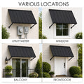 Kozyard blue metal awning versatility chart showing various location installations. The four-panel collage demonstrates this durable outdoor canopy being used as a utility meter protection cover, a classic residential window sunshade, a sliding glass balcony door rain shield, and a stylish front door porch overdoor awning, highlighting its multi-purpose functionality for exterior home improvement.