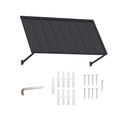 Kozyard 42-inch blue metal window awning canopy isolated on a white background with all included hardware parts. Product kit features the powder-coated iron corrugated panel, two adjustable wall mounting support brackets, plastic wall anchors, heavy-duty installation screws, and an Allen wrench. Perfect clear product shot for e-commerce listings of DIY residential door rain shields and window sunshades.

