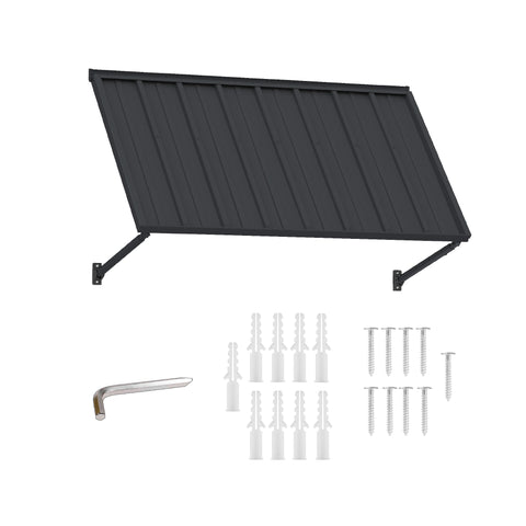 Kozyard 42-inch blue metal window awning canopy isolated on a white background with all included hardware parts. Product kit features the powder-coated iron corrugated panel, two adjustable wall mounting support brackets, plastic wall anchors, heavy-duty installation screws, and an Allen wrench. Perfect clear product shot for e-commerce listings of DIY residential door rain shields and window sunshades.

