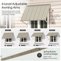 Kozyard metal window awning featuring 4-level adjustable awning arms for custom shade coverage. Infographic diagram illustrates the spring-button locking design and adjustable angles from 40 to 70 degrees, showing how to easily adjust and securely lock the patio canopy cover.