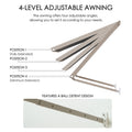kozyard adjustable door window awning outdoor canopy, features 4-level angle adjustment with ball detent locking design for flexible sunshade control, durable wall-mounted awning constructed from powder-coated iron support arms and weather-resistant canopy panel
