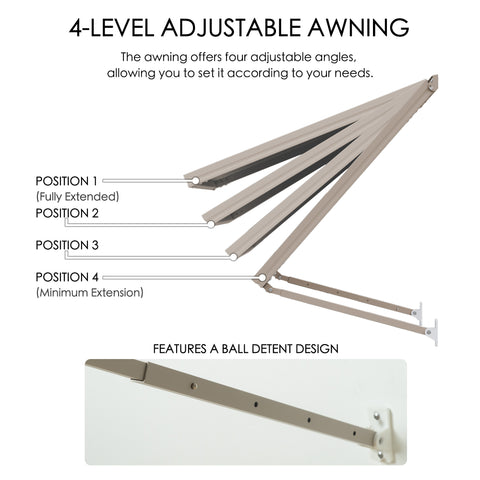 kozyard adjustable door window awning outdoor canopy, features 4-level angle adjustment with ball detent locking design for flexible sunshade control, durable wall-mounted awning constructed from powder-coated iron support arms and weather-resistant canopy panel