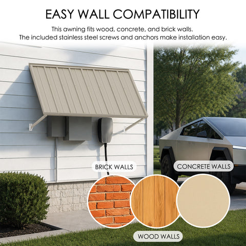 Kozyard outdoor window awning displaying easy wall compatibility. Diagram shows the beige metal awning installed above a power meter with icons indicating secure mounting on brick walls, concrete walls, and wood walls using the included stainless steel screws and anchors.