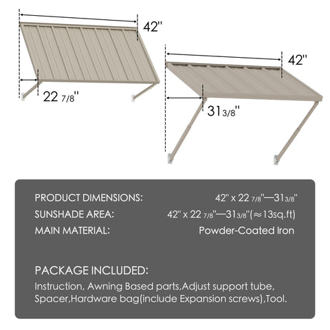 Kozyard Window Awning (42”x22 7/8”-31 3/8”) - Powder-Coated Iron Exterior Canopy (13 Sq Ft Sunshade), Includes Hardware/Tools for Outdoor Patio/Window Shelter
