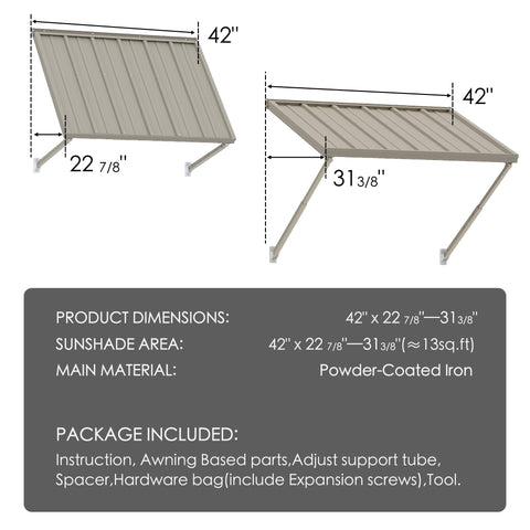 Kozyard Window Awning (42”x22 7/8”-31 3/8”) - Powder-Coated Iron Exterior Canopy (13 Sq Ft Sunshade), Includes Hardware/Tools for Outdoor Patio/Window Shelter
