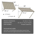 Kozyard 42" x 31" metal window awning product dimensions and package contents specification sheet. Shows 13 sq. ft. sunshade area, powder-coated iron material, and included hardware bag with expansion screws, adjusting support tubes, and tools for easy DIY installation.
