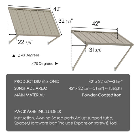 Kozyard 42" x 31" metal window awning product dimensions and package contents specification sheet. Shows 13 sq. ft. sunshade area, powder-coated iron material, and included hardware bag with expansion screws, adjusting support tubes, and tools for easy DIY installation.