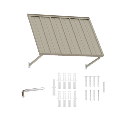 kozyard metal door window awning outdoor canopy, complete installation kit including adjustable support arms, expansion anchors, stainless steel screws and tool, heavy-duty wall-mounted awning made from powder-coated iron panel and reinforced metal brackets