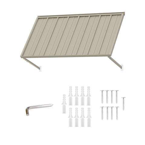 Kozyard 42-inch beige metal awning and door canopy complete installation hardware kit. Product exploded view displays the heavy-duty iron awning panel, two adjustable support brackets, an Allen wrench, plastic anchors, and stainless steel expansion screws on a white background.