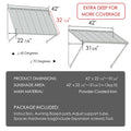 Kozyard 42 inch metal awning dimension diagram showing a 3.5 FT wide wall mounted outdoor canopy with a 32 1/4 inch deep roof panel and adjustable horizontal projection ranging from 22 7/8 to 31 3/8 inches. Features powder coated iron construction and adjustable installation angles from 40 to 70 degrees. Suitable for residential window awnings, small exterior door canopies, utility meter covers, porch entrances, backyard windows, and compact outdoor weather protection applications.