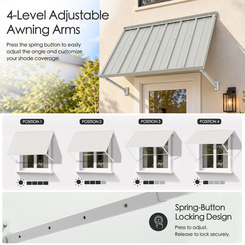 Kozyard 42 inch adjustable metal awning featuring four level adjustable support arms with a spring button locking mechanism for customized shade coverage. The illustrated positions demonstrate different canopy angles to accommodate changing sunlight conditions throughout the day. Installed above a residential exterior door, this compact wall mounted outdoor awning is ideal for home entrances, windows, porches, utility areas, backyard doors, and exterior spaces requiring flexible sun and rain protection.