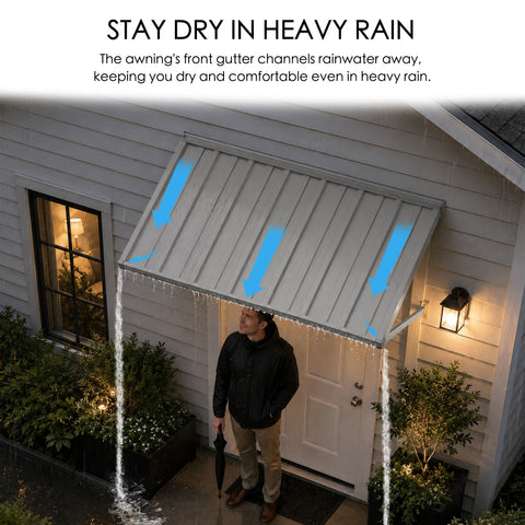 Kozyard 42 inch metal awning featuring an integrated front gutter designed to channel rainwater toward the canopy edges during heavy rainfall. Installed above a residential exterior door, this compact wall mounted rain canopy helps reduce direct rain exposure at the entrance while providing overhead shelter for people entering or leaving the home. Ideal for front door awnings, side entrances, backyard doors, porch canopies, residential window covers, and outdoor rain protection applications.