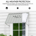 Kozyard 42 inch metal awning designed to provide year round outdoor protection from sunlight, rainfall, and snow. The illustrated residential window canopy features a corrugated metal roof panel that helps shield the area below from direct UV exposure and channels rainwater toward the edges. Its durable wall mounted construction makes it suitable for home windows, exterior doors, porch entrances, backyard access points, utility areas, and compact outdoor shelters in changing weather conditions.