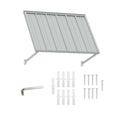 Kozyard 42 inch metal awning product display featuring a corrugated metal roof canopy, two adjustable support arms, and included installation accessories. The package includes mounting screws, expansion anchors, and an installation tool for wall mounting. Designed for compact residential outdoor applications, this 3.5 FT exterior awning provides practical overhead shade and rain protection for windows, front doors, side entrances, utility meters, porch areas, and backyard access points.