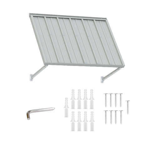 Kozyard 42 inch metal awning product display featuring a corrugated metal roof canopy, two adjustable support arms, and included installation accessories. The package includes mounting screws, expansion anchors, and an installation tool for wall mounting. Designed for compact residential outdoor applications, this 3.5 FT exterior awning provides practical overhead shade and rain protection for windows, front doors, side entrances, utility meters, porch areas, and backyard access points.