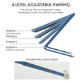 kozyard adjustable door window awning outdoor canopy, features 4-level angle adjustment with ball detent locking design for flexible sunshade control, durable wall-mounted awning constructed from powder-coated iron support arms and weather-resistant canopy panel