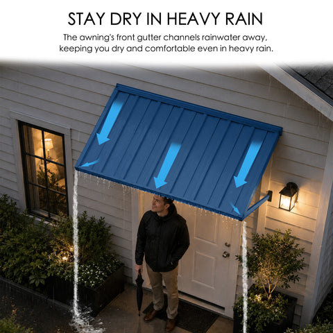 Kozyard Waterproof Exterior Door Awning with Front Gutter Channel, Heavy Rain Drainage Protection Demonstration, Metal Window Canopy Shedding Rainwater Away, Rustproof Outdoor Entryway Shield Keeping Person Dry