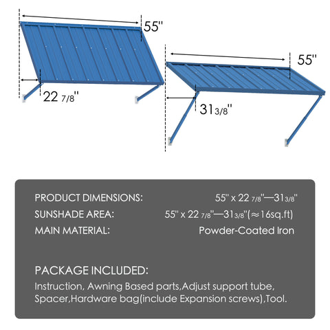 Kozyard Window Awning (55”x22 7/8”-31 3/8”) - Powder-Coated Iron Exterior Canopy (13 Sq Ft Sunshade), Includes Hardware/Tools for Outdoor Patio/Window Shelter
