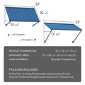Kozyard 55 Inch Door Awning Dimensions and Package Content Infographic, 16 Sq Ft Sunshade Area Specification, Powder Coated Iron Material Details, Complete Installation Kit with Expansion Screws and Tools