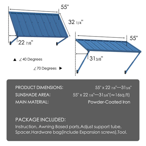Kozyard 55 Inch Door Awning Dimensions and Package Content Infographic, 16 Sq Ft Sunshade Area Specification, Powder Coated Iron Material Details, Complete Installation Kit with Expansion Screws and Tools
