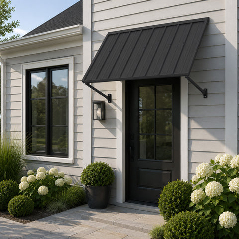 Kozyard 55 Inch Outdoor Metal Awning for Front Door, Heavy Duty Iron Window Canopy Over Entrance, All Weather Exterior Door Overhang Rain Shield, Modern Residential Porch Sun Shade Cover with Sidelight, Elegant Siding House Facade Architectural Decor