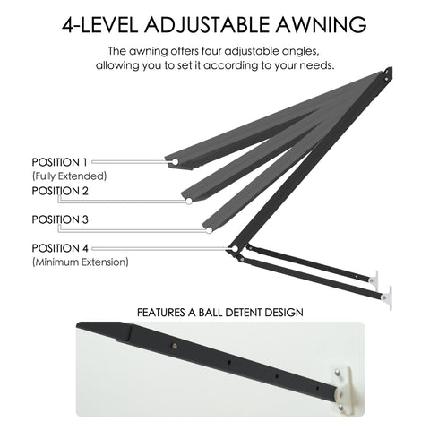 kozyard adjustable door window awning outdoor canopy, features 4-level angle adjustment with ball detent locking design for flexible sunshade control, durable wall-mounted awning constructed from powder-coated iron support arms and weather-resistant canopy panel