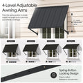 Kozyard 55 Inch Window Awning with 4 Level Adjustable Support Arms, Innovative Spring Button Locking Design Infographic, Custom Angle Metal Door Canopy for Variable Sun Coverage, Rust Proof Iron Patio Overhang Protection Assembly