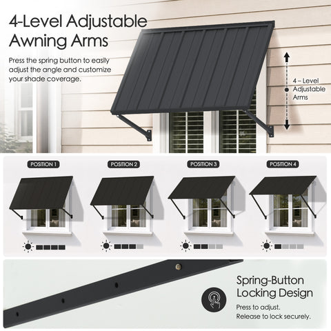 Kozyard 55 Inch Window Awning with 4 Level Adjustable Support Arms, Innovative Spring Button Locking Design Infographic, Custom Angle Metal Door Canopy for Variable Sun Coverage, Rust Proof Iron Patio Overhang Protection Assembly