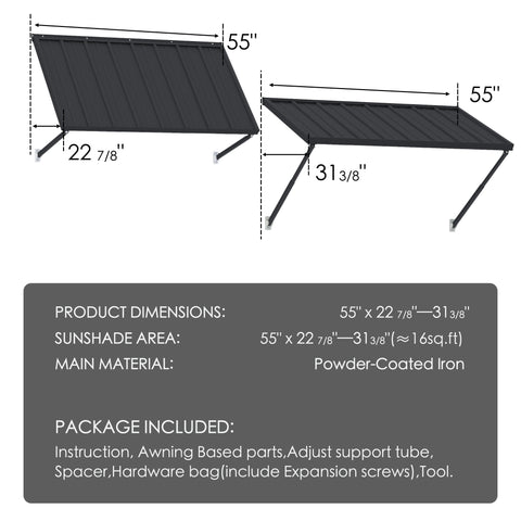 Kozyard Window Awning (55”x22 7/8”-31 3/8”) - Powder-Coated Iron Exterior Canopy (13 Sq Ft Sunshade), Includes Hardware/Tools for Outdoor Patio/Window Shelter
