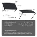 Kozyard 55 Inch Door Awning Dimensions and Package Content Infographic, 16 Sq Ft Sunshade Area Specification, Powder Coated Iron Material Details, Complete Installation Kit with Expansion Screws and Tools