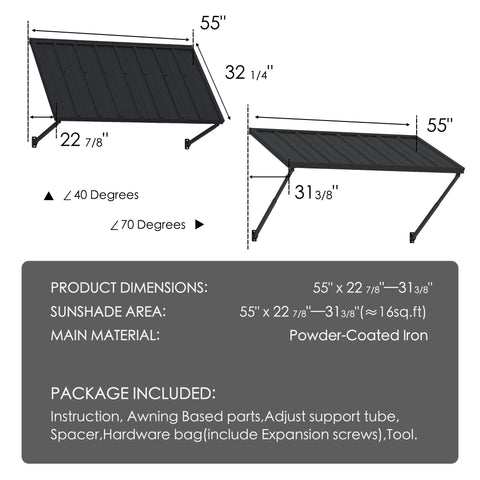 Kozyard 55 Inch Door Awning Dimensions and Package Content Infographic, 16 Sq Ft Sunshade Area Specification, Powder Coated Iron Material Details, Complete Installation Kit with Expansion Screws and Tools