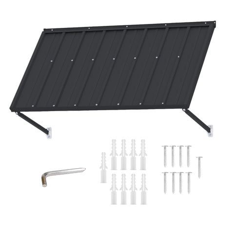 kozyard metal door window awning outdoor canopy, complete installation kit including adjustable support arms, expansion anchors, stainless steel screws and tool, heavy-duty wall-mounted awning made from powder-coated iron panel and reinforced metal brackets