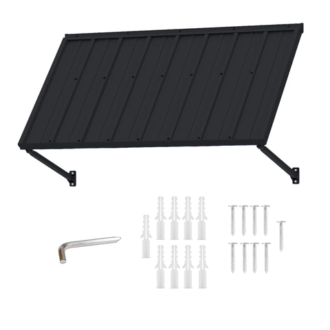 Kozyard 55 Inch Window Canopy Component Kit Isolated on White Background, Premium Powder Coated Iron Awning Panel with Support Arms, Complete Mounting Hardware Set Including Wall Anchors Screws and Allen Wrench