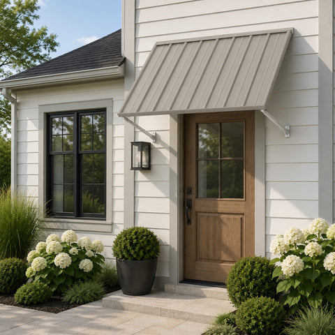 Kozyard 55 Inch Outdoor Metal Awning for Front Door, Heavy Duty Iron Window Canopy Over Entrance, All Weather Exterior Door Overhang Rain Shield, Modern Residential Porch Sun Shade Cover with Sidelight, Elegant Siding House Facade Architectural Decor