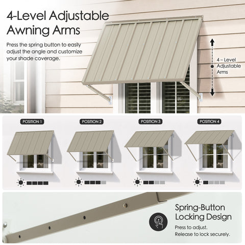 Kozyard 55 Inch Window Awning with 4 Level Adjustable Support Arms, Innovative Spring Button Locking Design Infographic, Custom Angle Metal Door Canopy for Variable Sun Coverage, Rust Proof Iron Patio Overhang Protection Assembly