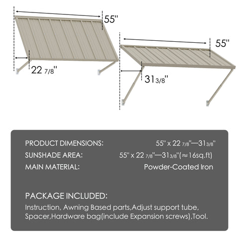 Kozyard Window Awning (55”x22 7/8”-31 3/8”) - Powder-Coated Iron Exterior Canopy (13 Sq Ft Sunshade), Includes Hardware/Tools for Outdoor Patio/Window Shelter

