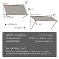 Kozyard 55 Inch Door Awning Dimensions and Package Content Infographic, 16 Sq Ft Sunshade Area Specification, Powder Coated Iron Material Details, Complete Installation Kit with Expansion Screws and Tools