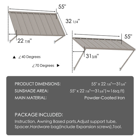 Kozyard 55 Inch Door Awning Dimensions and Package Content Infographic, 16 Sq Ft Sunshade Area Specification, Powder Coated Iron Material Details, Complete Installation Kit with Expansion Screws and Tools