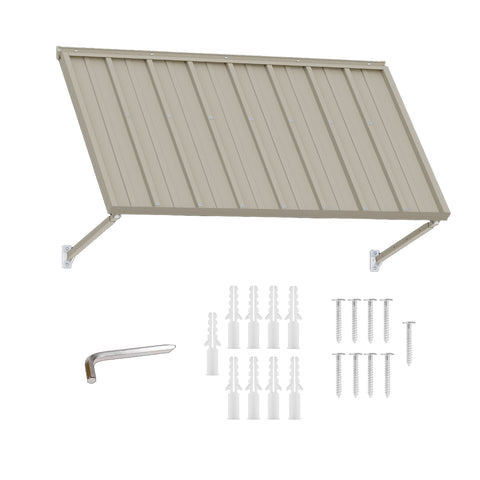 kozyard metal door window awning outdoor canopy, complete installation kit including adjustable support arms, expansion anchors, stainless steel screws and tool, heavy-duty wall-mounted awning made from powder-coated iron panel and reinforced metal brackets