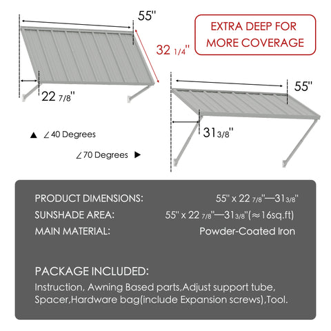Kozyard 55 inch metal awning dimension diagram showing a 4.6 FT wide wall mounted outdoor canopy with a 32 1/4 inch deep roof panel and adjustable horizontal projection ranging from 22 7/8 to 31 3/8 inches. Features powder coated iron construction and adjustable installation angles from 40 to 70 degrees for customized overhead coverage. Suitable for residential window awnings, exterior door canopies, porch entrances, balcony doors, utility equipment covers, and outdoor weather protection applications.