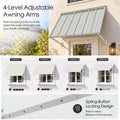 Kozyard 55 inch adjustable metal awning featuring four level adjustable support arms with a spring button locking mechanism for customized shade coverage. The illustrated positions demonstrate different canopy angles to accommodate changing sunlight conditions throughout the day. Installed above a residential exterior door, this wall mounted outdoor awning is ideal for home entrances, wide windows, porches, balcony doors, backyard access points, and exterior spaces requiring flexible sun and rain protection