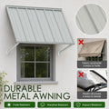 Kozyard 55 inch durable metal awning featuring a sturdy corrugated roof panel and reinforced support arms designed for long lasting outdoor use. The illustrated comparison highlights the advantages of metal construction over traditional fabric sunshades and brittle plastic awnings. Designed for fade resistance, weather resistance, and impact resistance, this wall mounted outdoor canopy is ideal for residential windows, exterior doorways, porch entrances, balcony doors, backyard access points, and utility eq