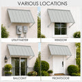 Kozyard 55 inch metal awning displayed in four residential installation settings including utility meter protection, exterior window shade, balcony door coverage, and front door entrance shelter. This 4.6 FT wall mounted outdoor canopy offers practical overhead coverage for different areas around the home. Ideal for residential window awnings, utility equipment covers, exterior door canopies, porch entrances, balcony access doors, garage side doors, and backyard weather protection applications.