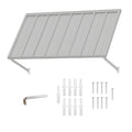 Kozyard 55 inch metal awning product display featuring a wide corrugated metal roof canopy, two adjustable support arms, and included installation accessories. The package includes mounting screws, expansion anchors, and an installation tool for wall mounting. Designed for residential outdoor applications, this 4.6 FT exterior awning provides practical overhead shade and rain protection for wide windows, front doors, side entrances, utility meters, porch areas, balcony doors, and backyard access points.